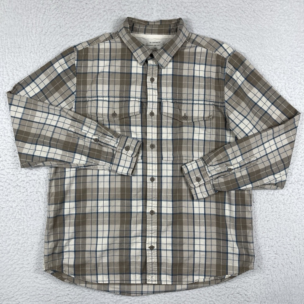 REI Shirt Mens Large Brown Beige Plaid Flannel Casual Outdoors Work Hiking